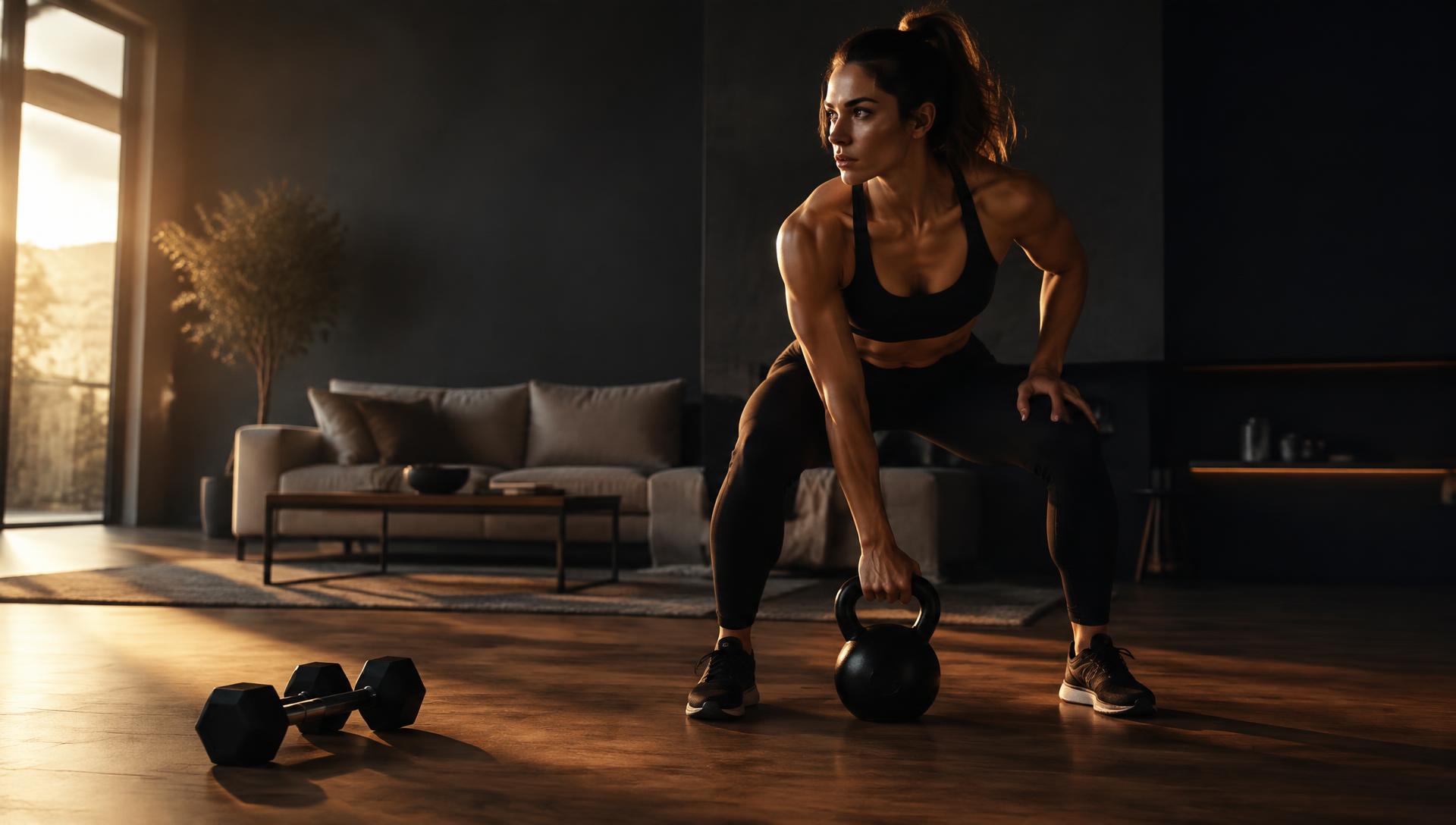 Mujer entrenando con una kettlebell en el salón de su casa
